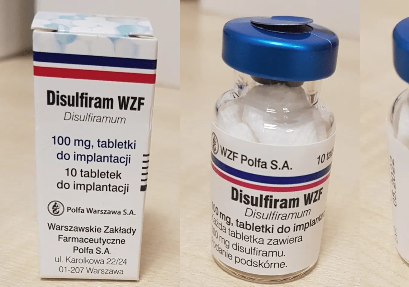 Wszywka alkoholowa Esperal Józefów: fiolka disulfiramu obok opakowania leku